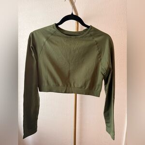 Sunnzel Olive Green Long Sleeve Crop Top – Built-In Bra – Size Large